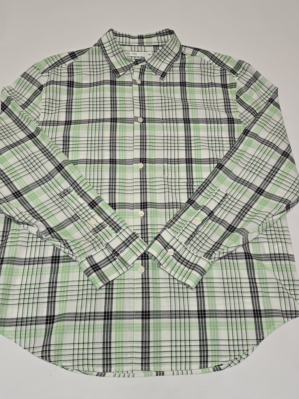 Zara Man Plaid Button Down Shirt XL Mint Green White Black Long Sleeve Cotton